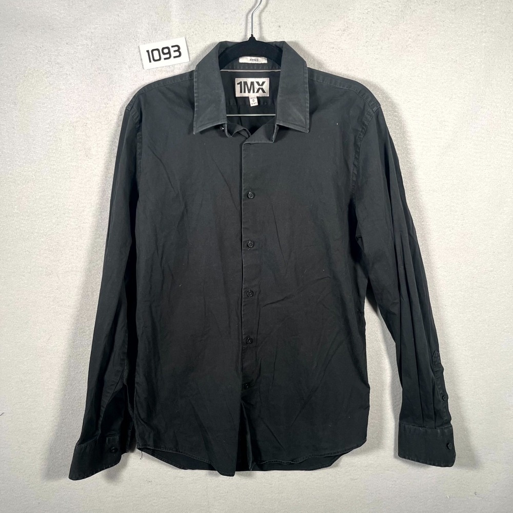 1MX Dress Shirt Men M 15-15.5 Black Cotton Stretch Fitted Career Formal Business
